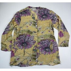 Pure Pinkerton Floral Button-Up‎ Blouse Yellow Purple Chrysanthemum Print M